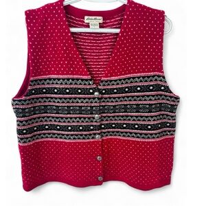 Vintage Eddie Bauer Red Knit Sweater Vest Lambswool Size Large